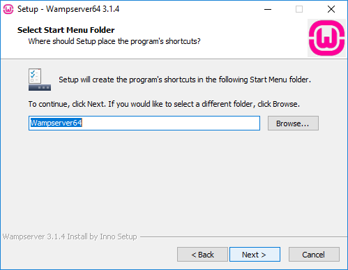 Wampserver Select Start Menu Folder window