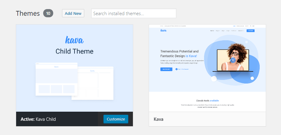 Kava theme successfully installed