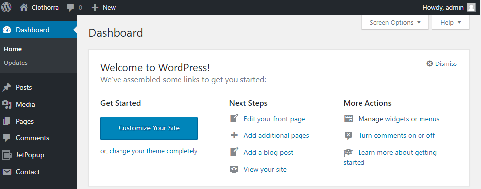 wordpress dashboard welcome screen