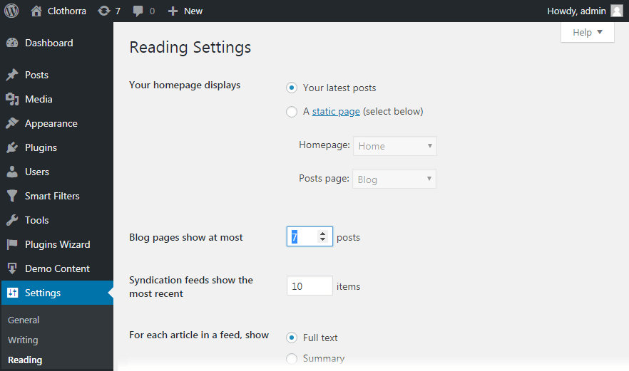 Reading settings in WordPress Dashboard 