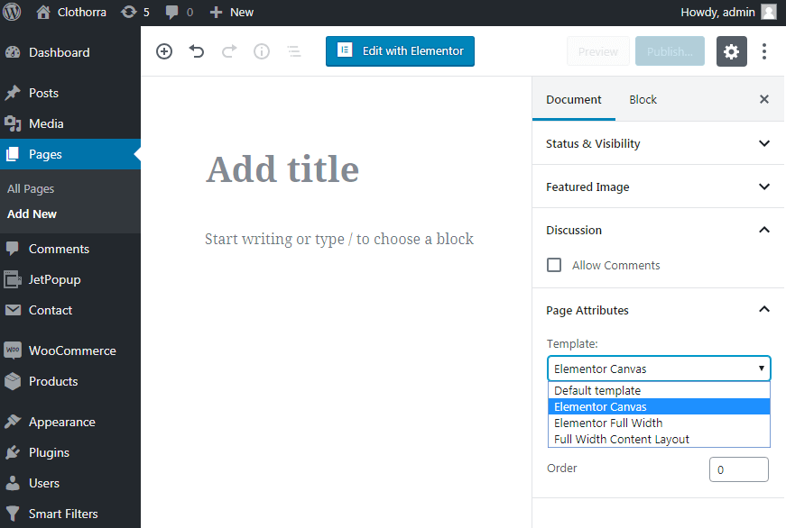 selecting the template in the page settings