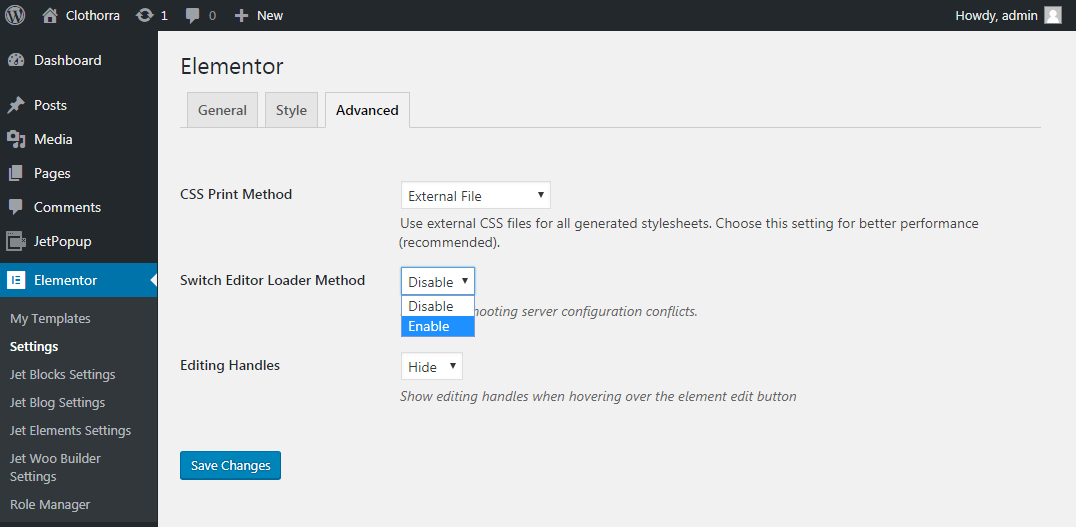 Elementor settings in WordPress settings