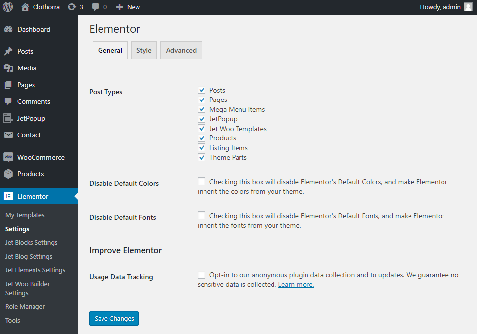 general Elementor settings in WordPress