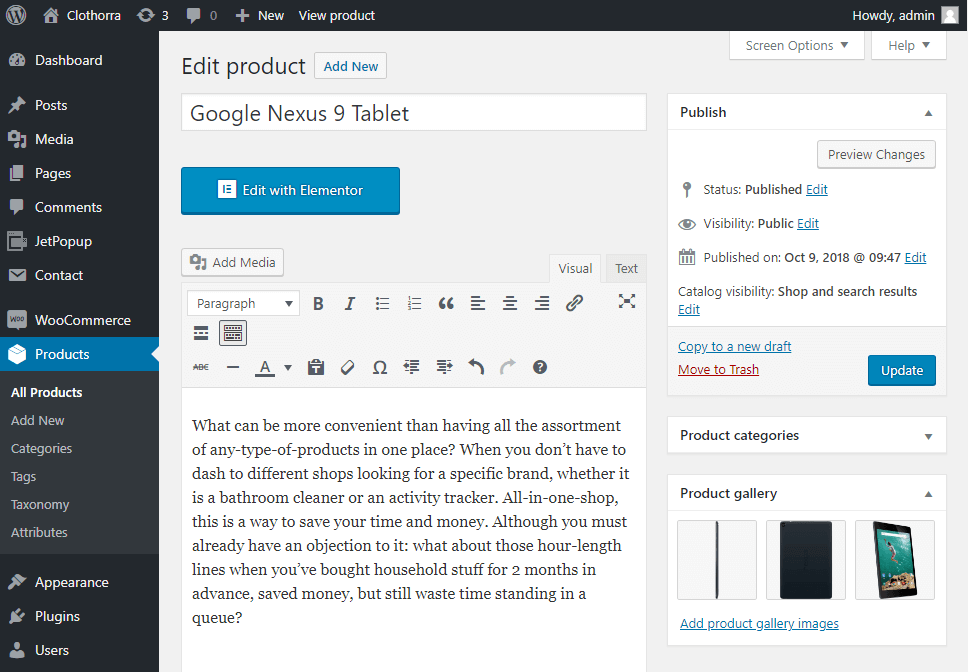 products editing in wordpress dashboard
