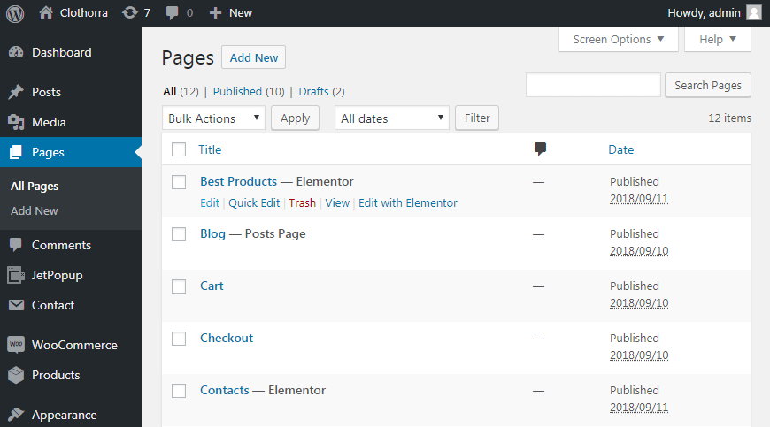 Editing pages in WordPress Dashboard