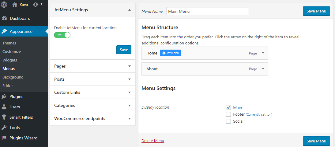 Enable JetMenu for current location option to Yes