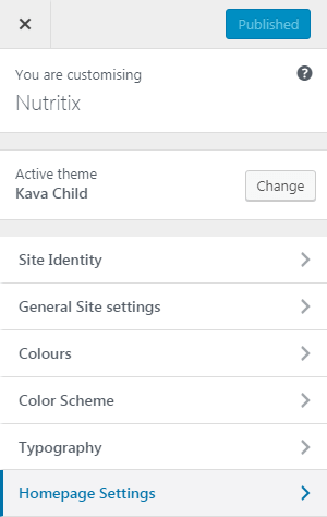 homepage settings in customizer