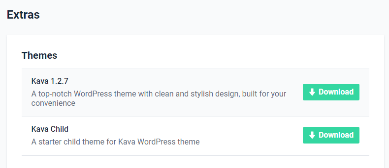 Download section to find the latest versions of Kava theme