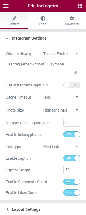 Instagram widget settings