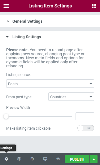 Listing Item Settings