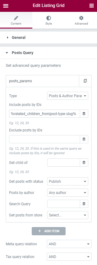 post query section of listing grid settings