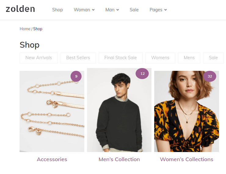 categories on the shop page