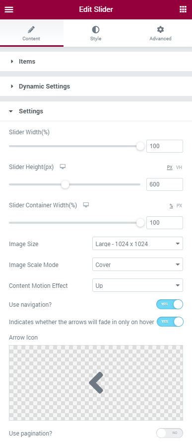 Slider widget settings