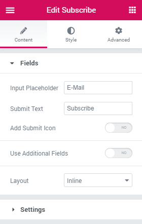 Subscribe widget fields settings block