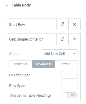 table body cell advanced settings