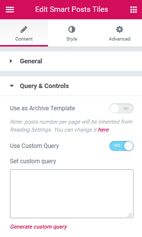 query and controls settings section