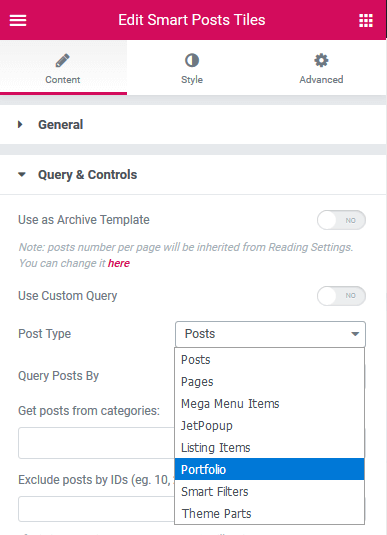 choosing a post type in the query and controls settings
