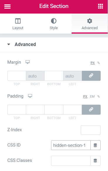 Advanced settings tab for a section