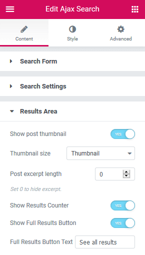 Results area settings in Ajax Search widget