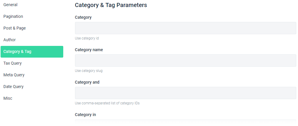 category and tag parameters