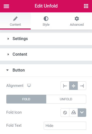 Unfold widget Button settings