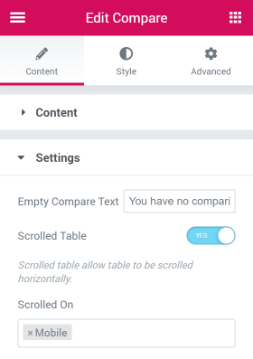 Compare widget Settings section