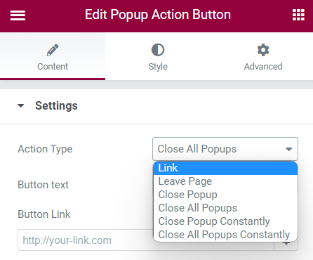popup button action types