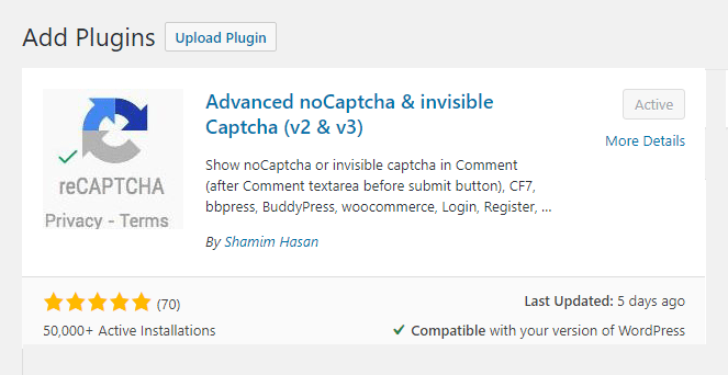 Advanced noCaptcha invisible Captcha plugin