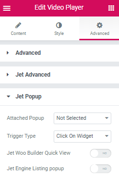 JetPopup settings of the widget