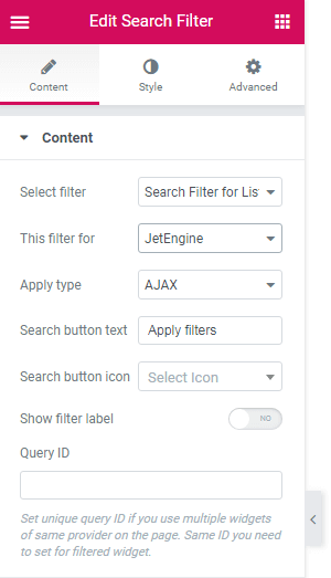 Search filter content settings