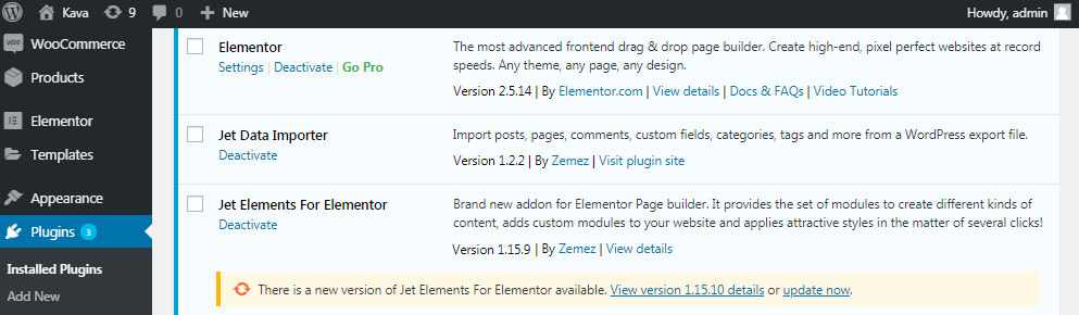 JetElements WordPress dashboard