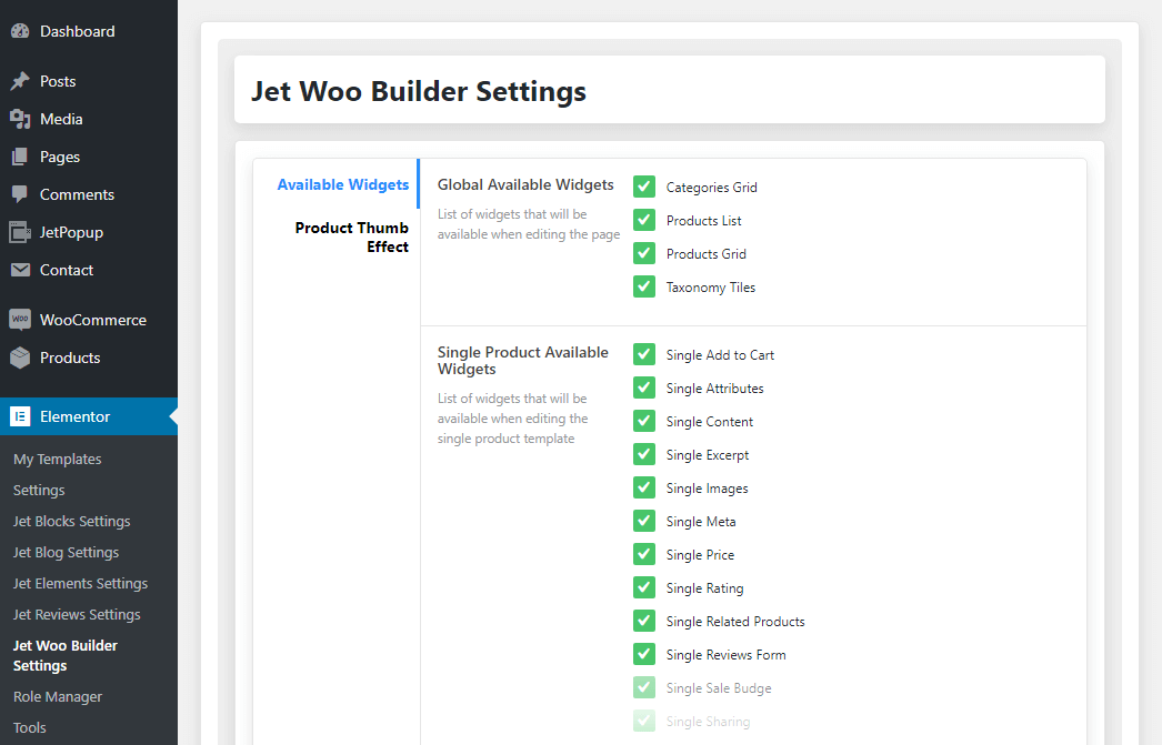 JetWooBuilder available widgets settings 