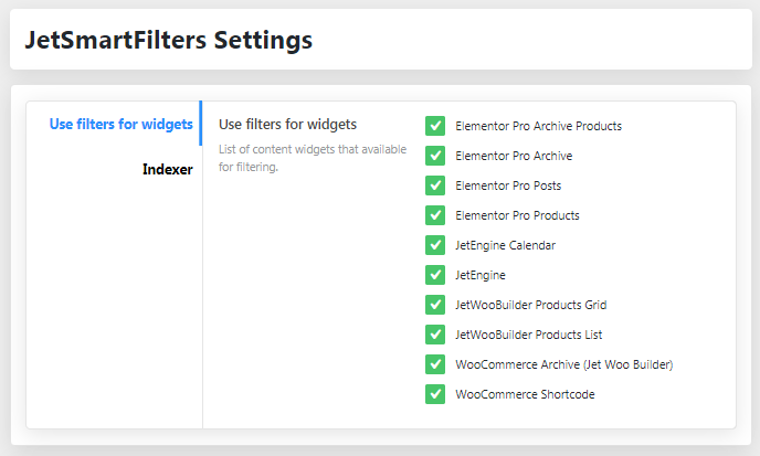Use filters for widgets of JetSmartFilters Settings in WP Dashboard