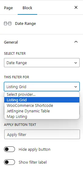 date range filter block providers