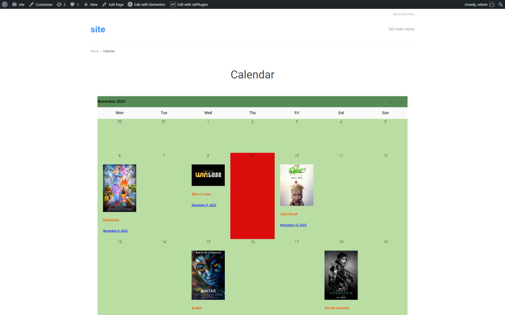 front-end view of the calendar