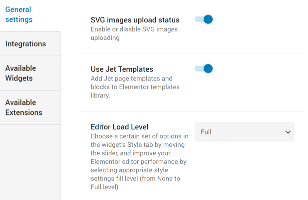 JetElements General settings tab