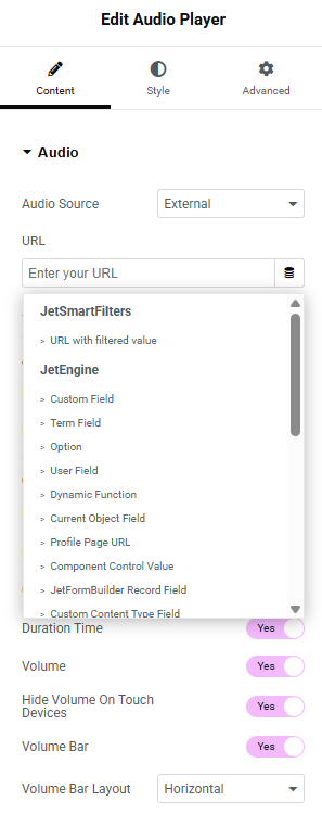 jetengine custom field as the audio player widget source