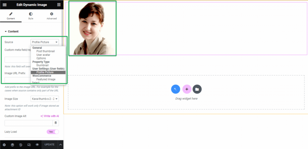 profile picture displayed by the dynamic image widget