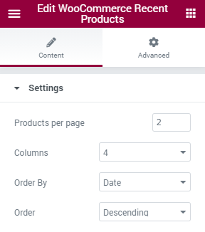 Recent Products settings