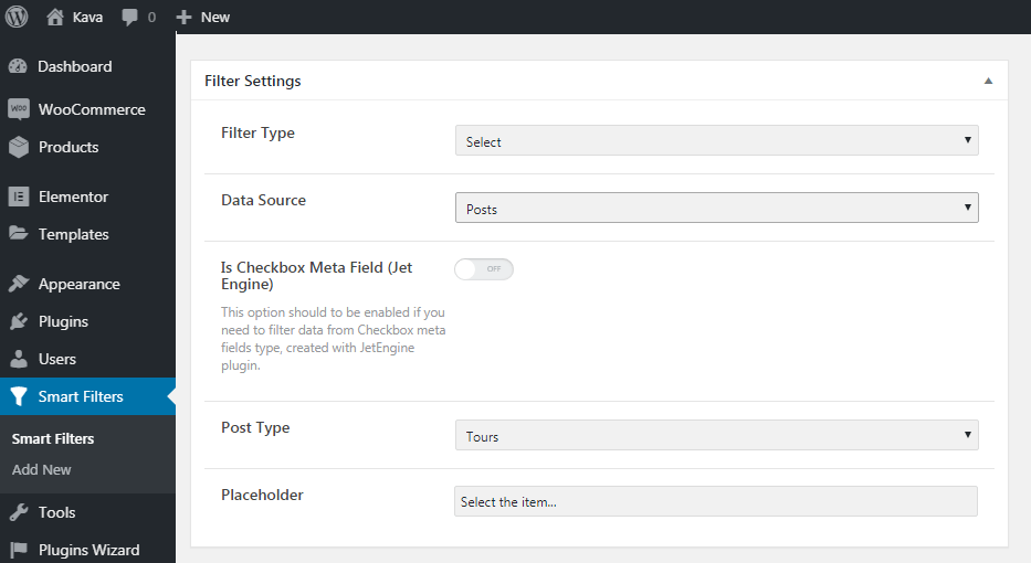 Settings for JetSmartFilters in WP Dashboard