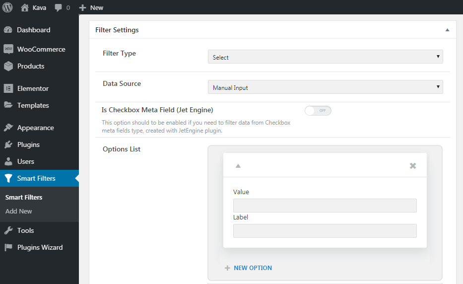 Settings for JetSmartFilters in WP Dashboard