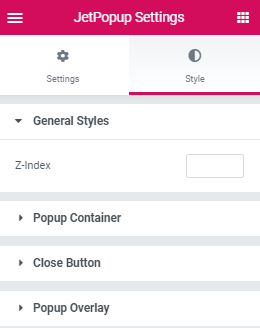 style settings of popup