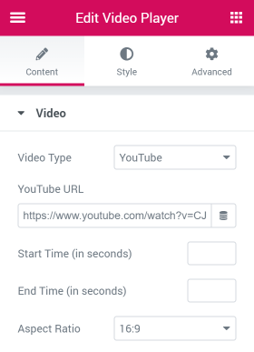 Video Player Video settings