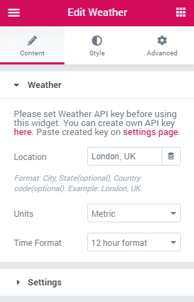 weather settings block