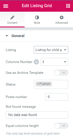 listing grid settings