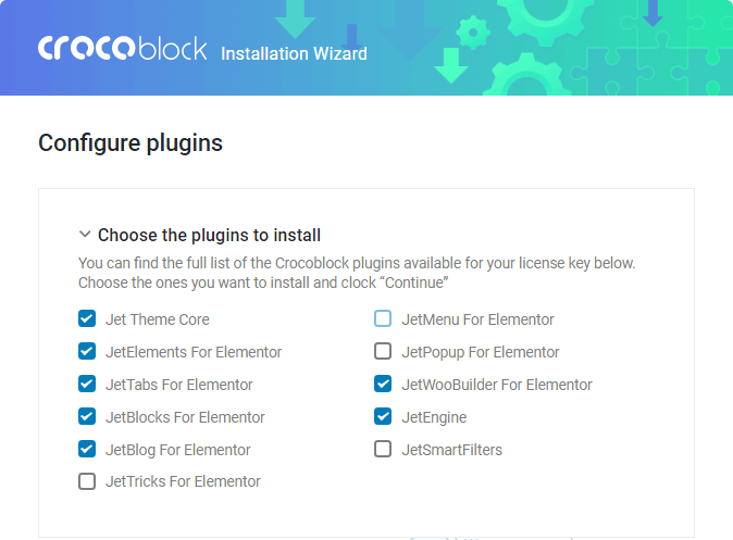 Crocoblock Wizard configure plugins