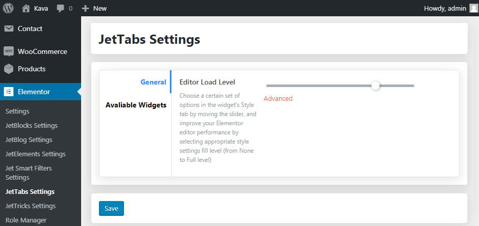 load level editor in WordPress Dashboard