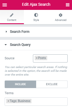 Search Query of the Content tab