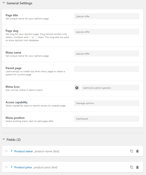 create an options page