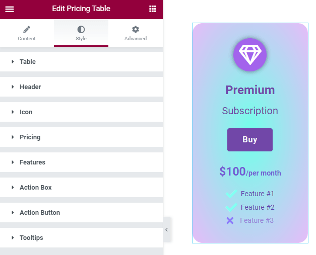 styling the pricing table